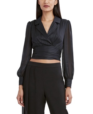 BCBGMAXAZRIA Women's Long Sleeve Tie Back Cut Out Cropped Blouse