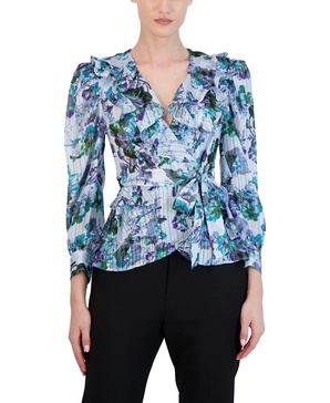 BCBGMAXAZRIA Women's Long Sleeve Wrap Blouse Ruffle Tie Waist Top