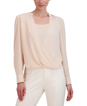 BCBGMAXAZRIA Women's Relaxed Faux Wrap Top Long Sleeve