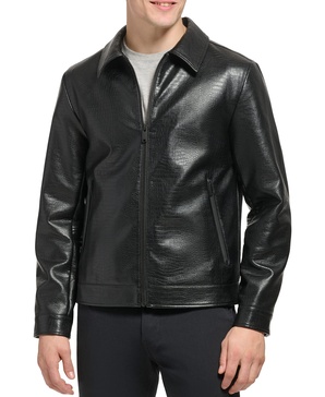 DKNY Men's Faux Leather Classic Laydown Collar Bomber Jacket