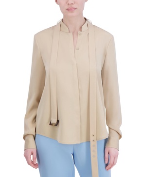 BCBGMAXAZRIA Women's Long Sleeve Mock Collar Neck Belt Tie Blouse Top