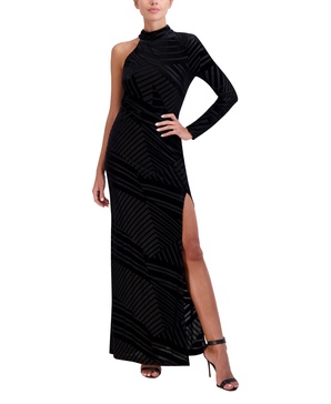 BCBGMAXAZRIA Women's Mock Neck Asymmetrical Sleeve Long Evening Dress