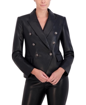 BCBGMAXAZRIA Women's Long Sleeve V Neck Double Breasted Leather Blazer Jacket