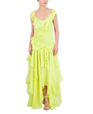 BCBGMAXAZRIA Women's Scoop Neck Sleeveless Ruffle Maxi Cocktail Dress