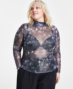 Trendy Plus Size Shine Mesh Mock-Neck Top, Created for Macy's