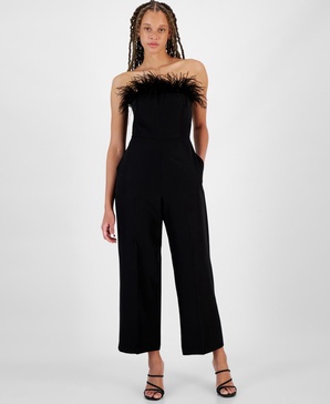 Women's Strapless Feather-Trim Jumpsuit 