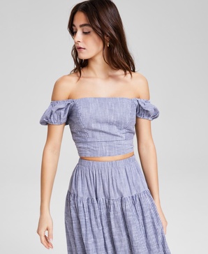 Women's Off-the-Shoulder Striped Smocked-Back Puff-Sleeve Top, Exclusively at Macy's