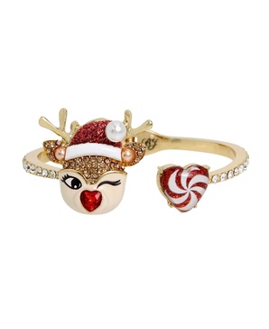 Faux Stone Jingle Bell Bling Christmas Reindeer Bangle Bracelet