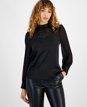 Women's Sheer-Sleeve Mock-Neck Blouse, Created for Macy's 