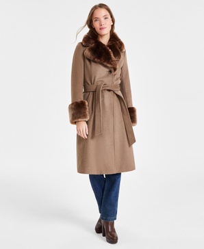 Women's Faux-Fur-Trim Belted Wrap Coat