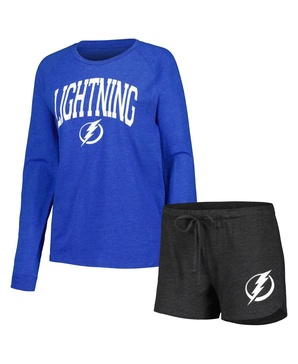 Women's Black, Blue Tampa Bay Lightning Meter Knit Long Sleeve Raglan Top and Shorts Sleep Set