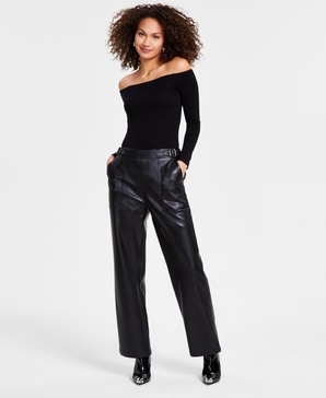 Women's Faux-Leather Belt-Waist Straight Pants, Created for Macy's