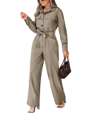 Women's V Neck Button-Up Front Tie Waist Jumpsuit