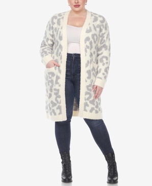 Plus Size Leopard Print Open Front Sherpa Sweater