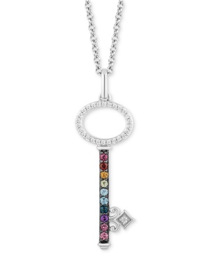 Multi-Gemstone (1/6 ct. t.w.) & Diamond (1/10 ct. t.w.) Princess-Inspired Key Pendant Necklace in Sterling Silver, 16" + 2" extender