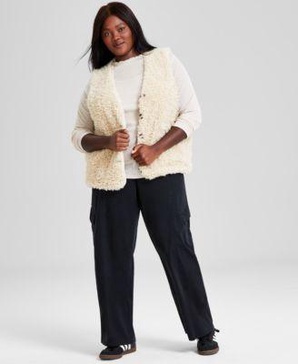 Trendy Plus Size Bouclé Fleece Vest, Funnel-Neck Top & Twill Cargo Pants, Created for Macy's