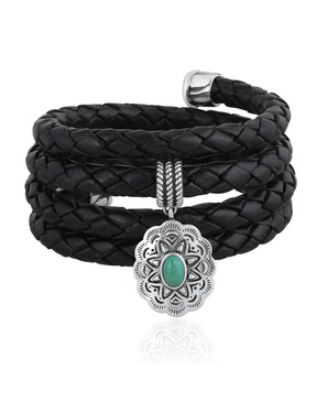 Sterling Silver Green Turquoise Concha Braided Leather Wrap Bracelet, One Size Fits Most