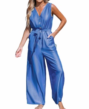 Women's Front Button Sleeveless Wide Leg Jumpsuit