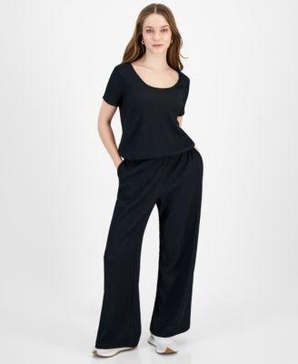 Petite Textured Short Sleeve Scoop Neck Top & High Rise Textured Wide Leg Pants, Created for Macy's 