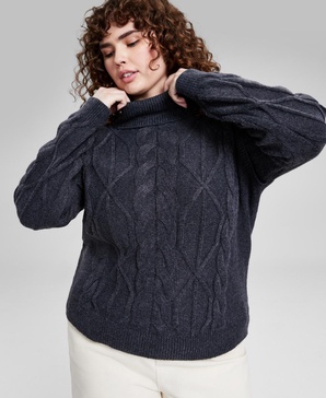 Trendy Plus Size Turtleneck Cable-Knit Sweater, Created for Macy's