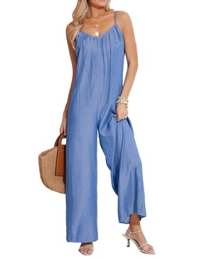 Women's Blue V-Neck Vide Leg Jumpsuit