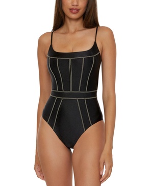 Women's Color Sheen Corset-Seamed One-Piece Swimsuit