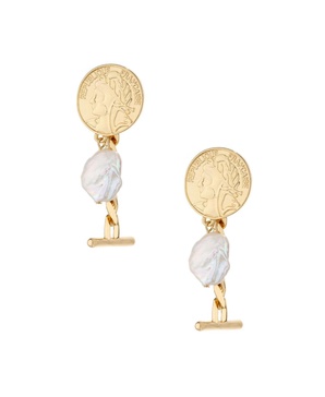 Gold-Plated Coin Drop Earrings with Freshwater Pearls