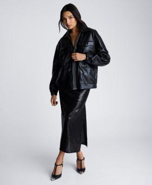 Women's Faux-Leather Shirt-Collar Utility Bomber Jacket & Cowl Neck Sequin Maxi Dress