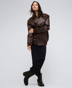 Women's Faux-Leather Oversized Raw-Edge Moto Jacket & Athletic Stretch Slip Maxi Dress