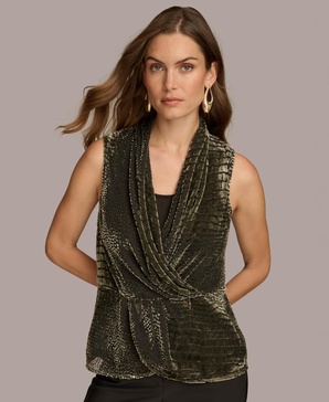 Women's Crocodile Burnout Velvet Faux-Wrap Top