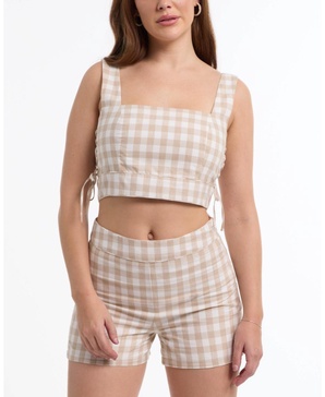 Women's Gingham Cropped Lace Up Detail Top