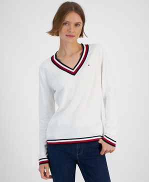 Women's Contrast-Trim V-Neck Sweater