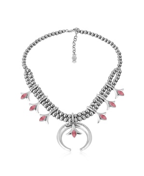 Sterling Silver and Rhodonite Gemstone Squash Blossom Necklace, 17 - 20 Inches