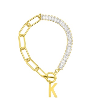 14K Gold-Plated Half Crystal and Half Paperclip Initial Toggle Bracelet