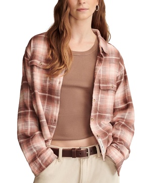 Women's Cotton Raw Edge Plaid Cropped Button Down Top