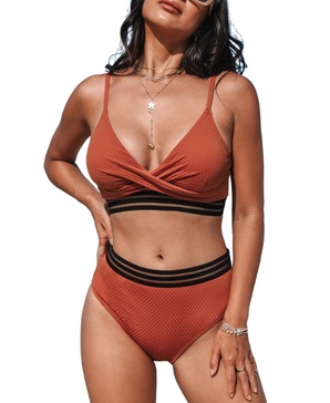 Women's Brick Red Twist Bikini Top & High-Rise Bottoms Set