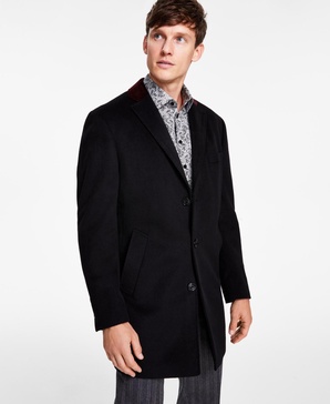 Men Wool Blend Overcoats with Contrast Velvet Top Collar