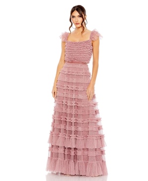 Women's Ruffle Cap Sleeve Embellished Tiered Gown