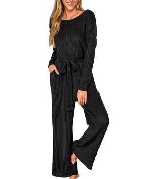 Women's Black Long Sleeve Back Button Straight Leg Jumpsuit