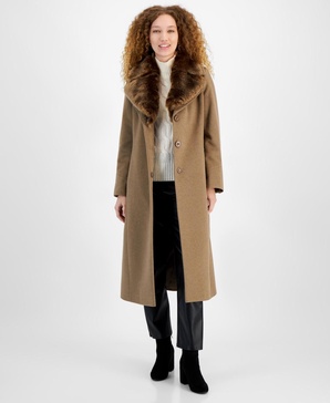 Women's Single-Breasted Faux-Fur-Collar Maxi Coat