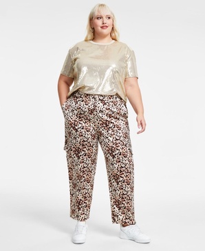 Trendy Plus Size Cheetah-Print Shine Cargo Satin Pants, Created for Macy's