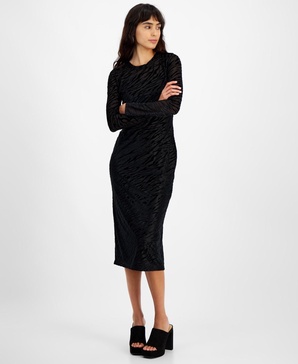 Women's Long-Sleeve Round-Neck Burnout Midi Dress, Created for Macy's