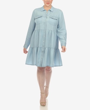 Plus Size Long Sleeve Tiered Midi Shirt Dress