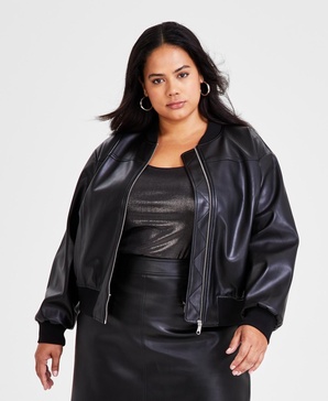 Trendy Plus Size Faux-Leather Bomber Jacket, Created for Macy's 