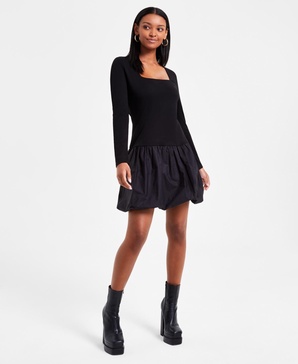 Women's Mixed Media Long-Sleeve Bubble-Hem Dress, Exclusively at Macy's