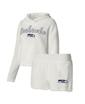 Women's White Seattle Seahawks Fluffy Pullover Sweatshirt and Shorts Sleep Set