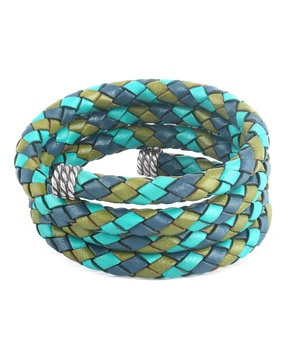 Sterling Silver Multi-Color Braided Blue, Turquoise and Lime Leather Coil Wrap Bracelet, 34 Inches