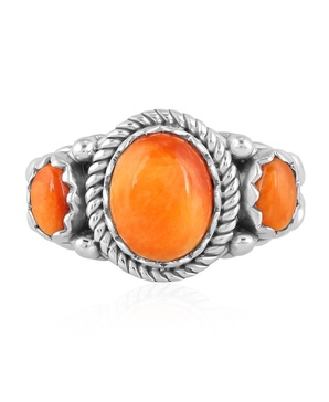 Sterling Silver Orange Spiny Oyster 3-Stone Ring, Size 9