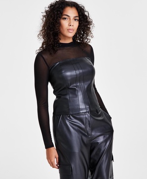 Women's Faux-Leather Mesh-Trim Long-Sleeve Top, Created for Macy's