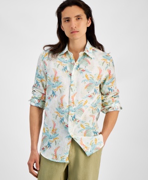 Men's Lula Regular-Fit Leaf-Print Button-Down Linen Shirt, Created for Macy's 